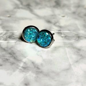 Aquamarine Druzy Stud Earrings